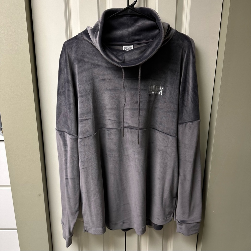 PINK Victoria's Secret Grey Velvet Cowl Neck Pullover with Side Pockets - Medium